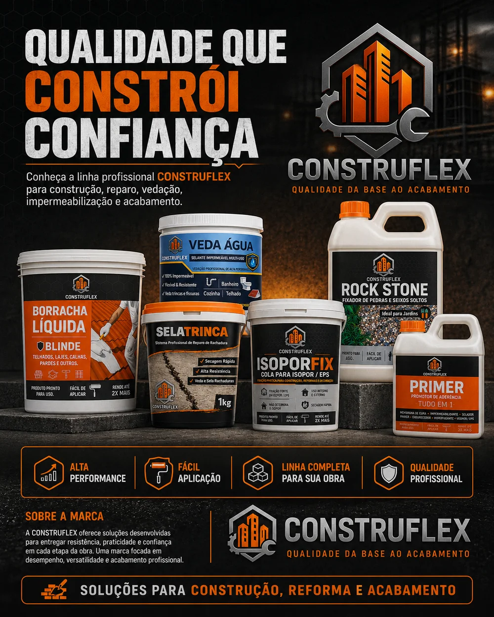 Linha de produtos CONSTRUFLEX para construção, reparo e acabamento